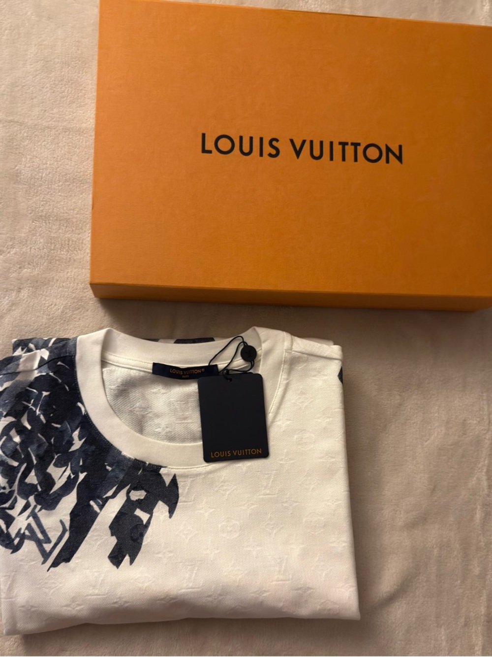 Louis Vuitton White T-Shirt with Navy Floral Graphic